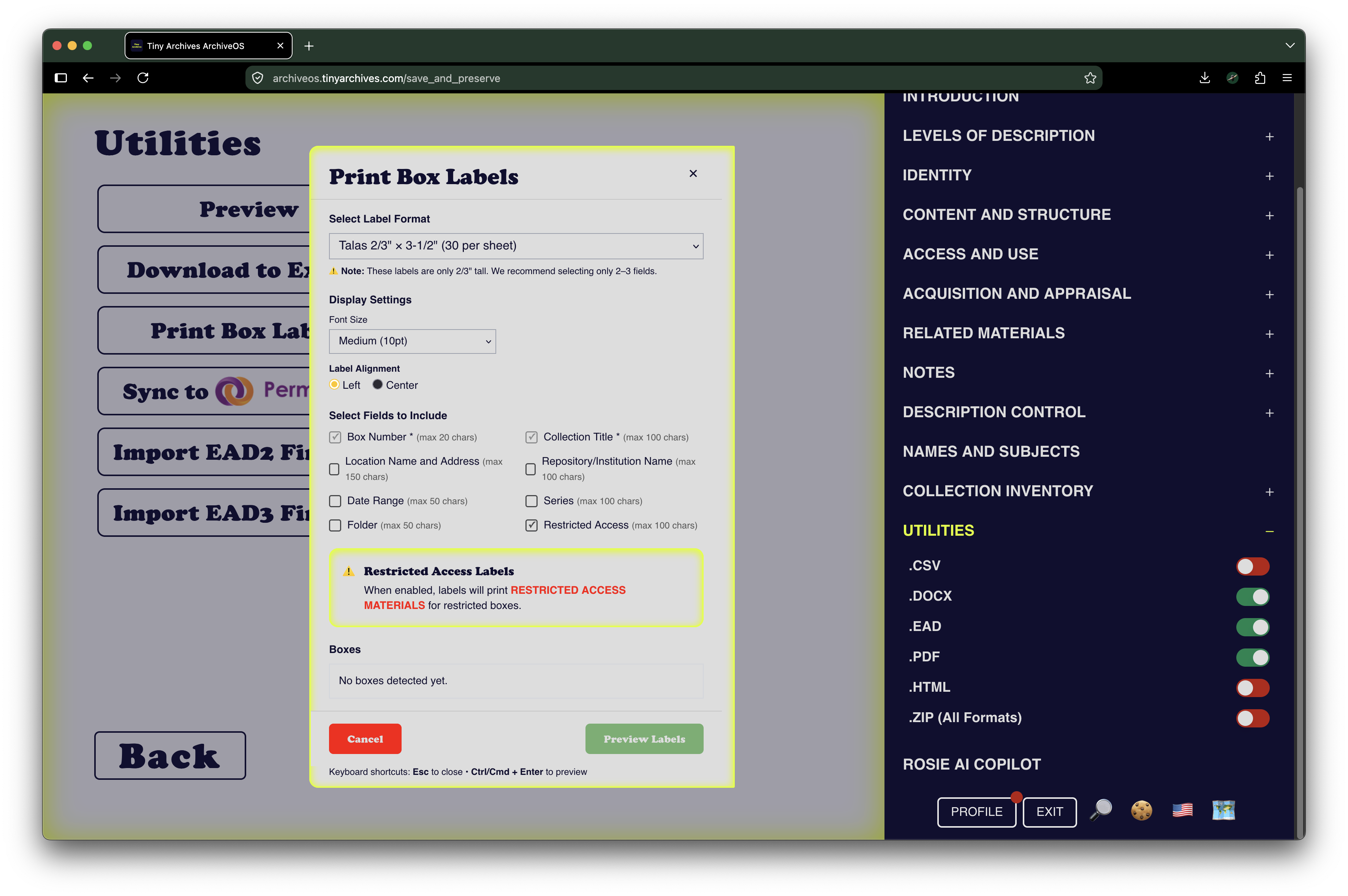 ArchiveOS Archival Box Label Maker interface.