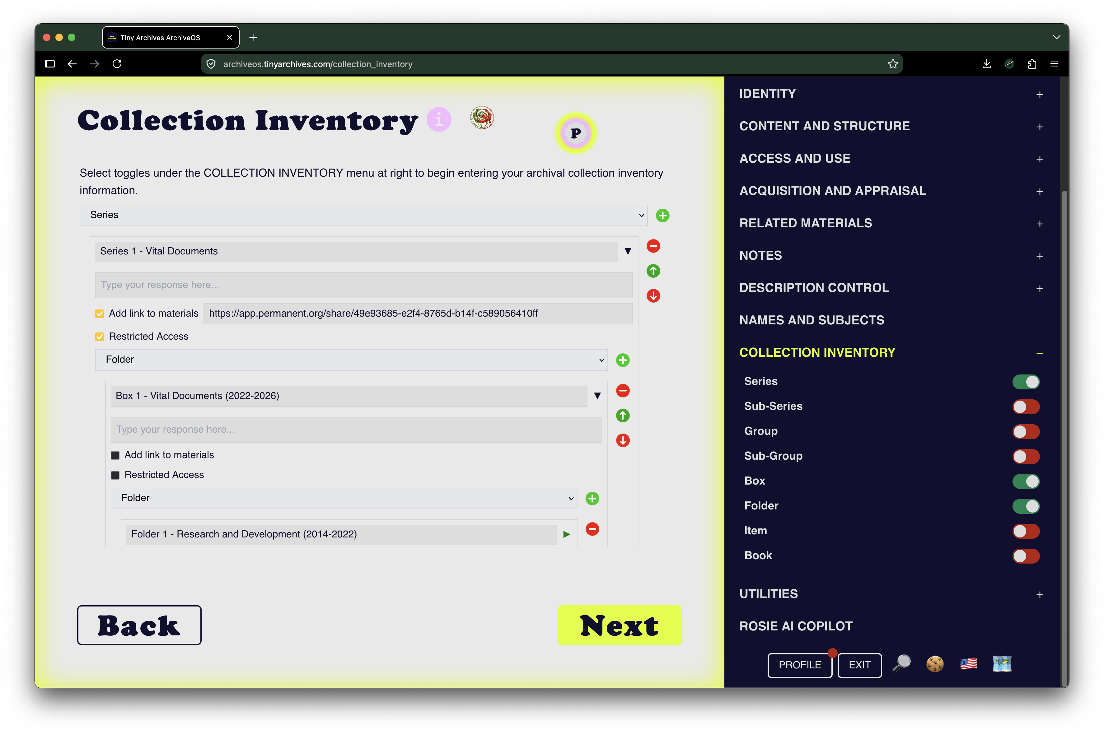 ArchiveOS Collection Inventory interface with configurable hierarchy levels.