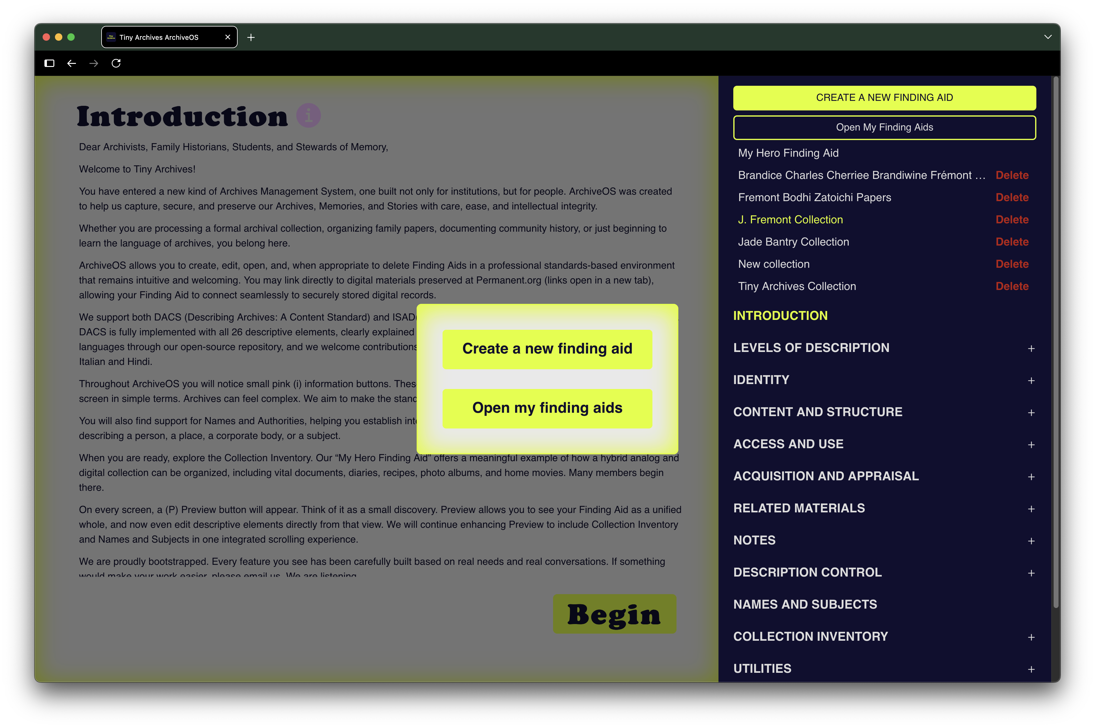 ArchiveOS create, open, edit, and delete finding aids interface.