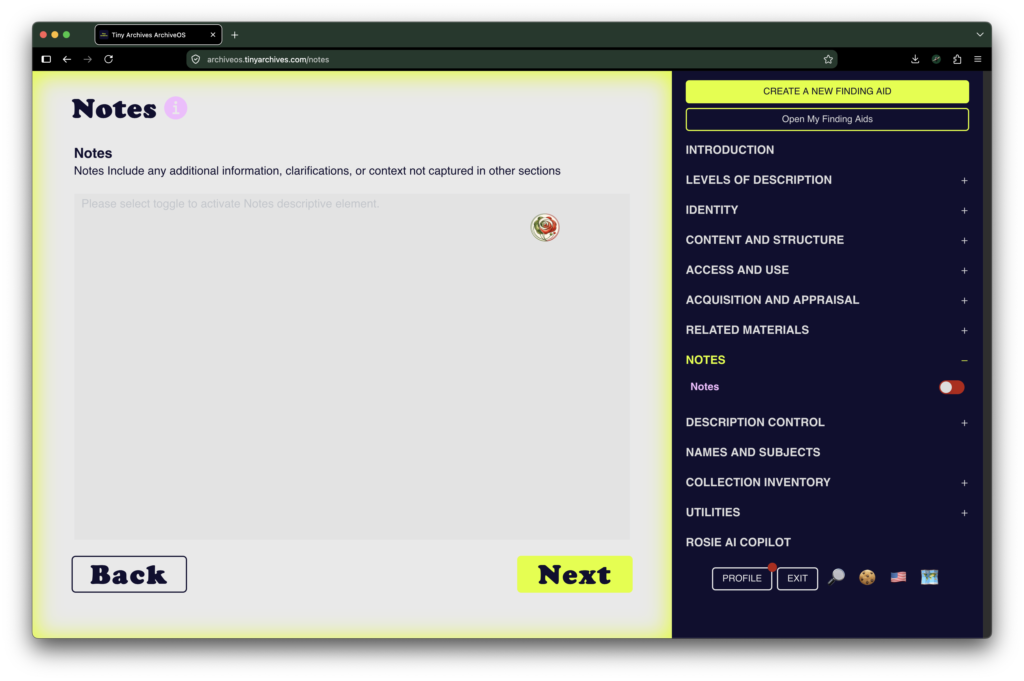 ArchiveOS Notes area within the descriptive standards interface.
