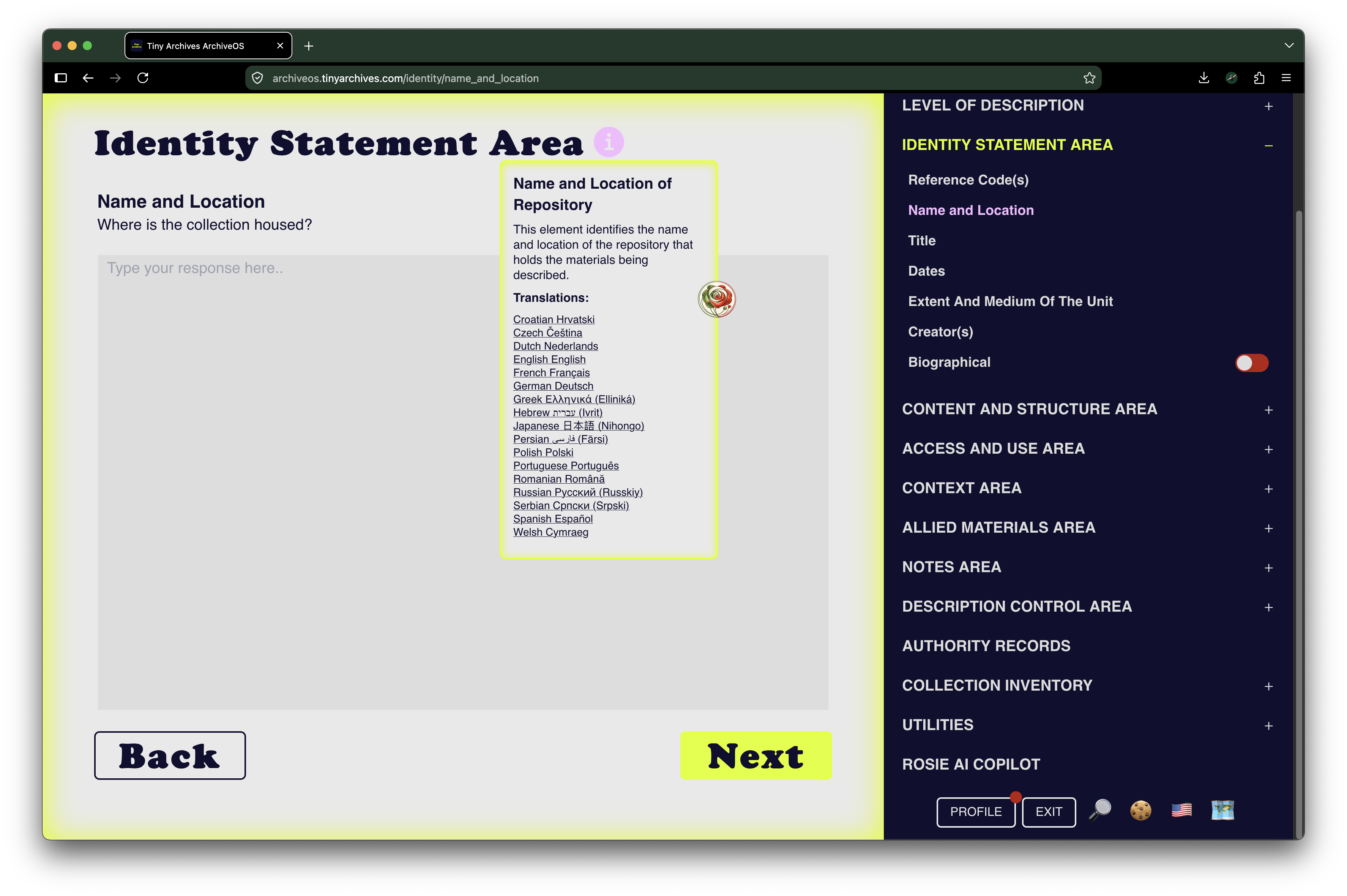 ArchiveOS Identity Statement Area with contextual guidance and language options.