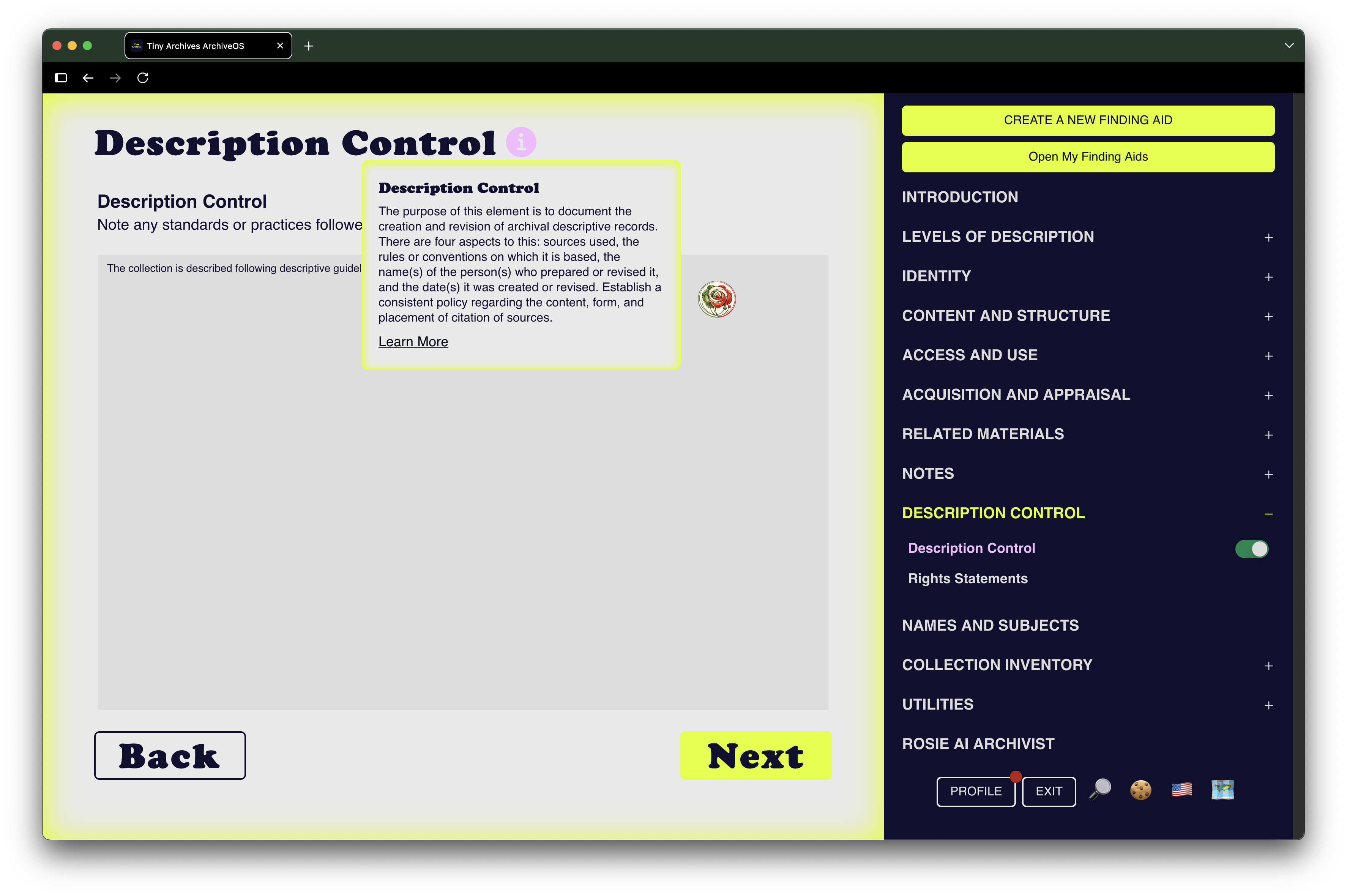 ArchiveOS information button and contextual help interface.