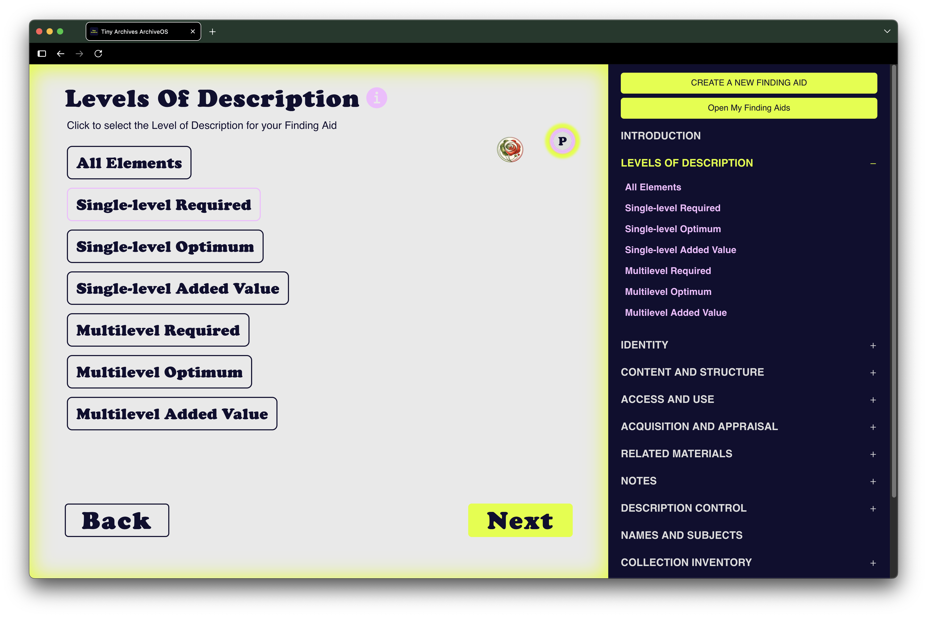 ArchiveOS levels of description interface.