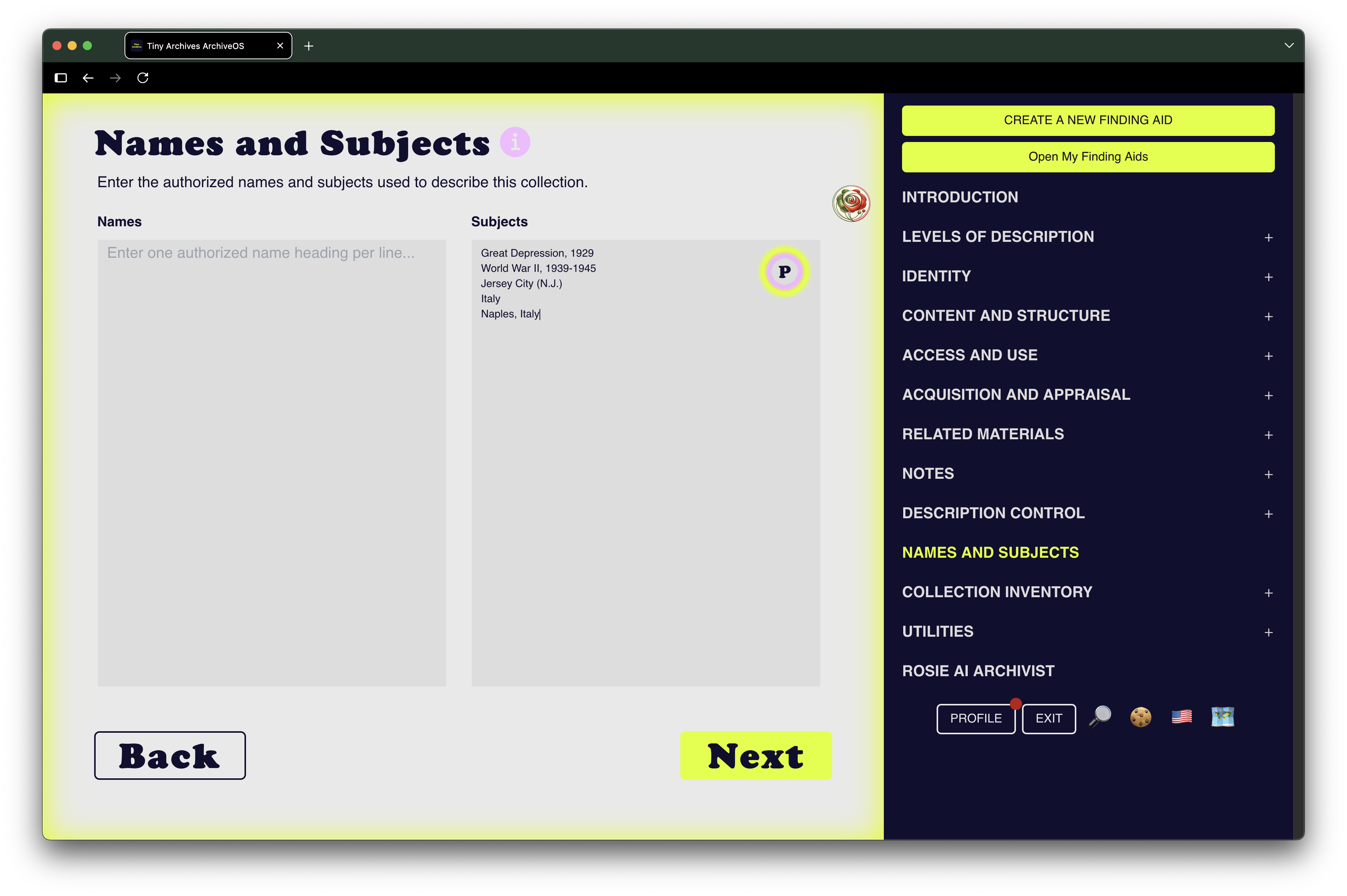 ArchiveOS names and subjects interface.